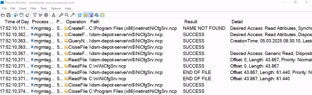 Sync of the NiCfgSrv.cfg file from the software depot at first start.