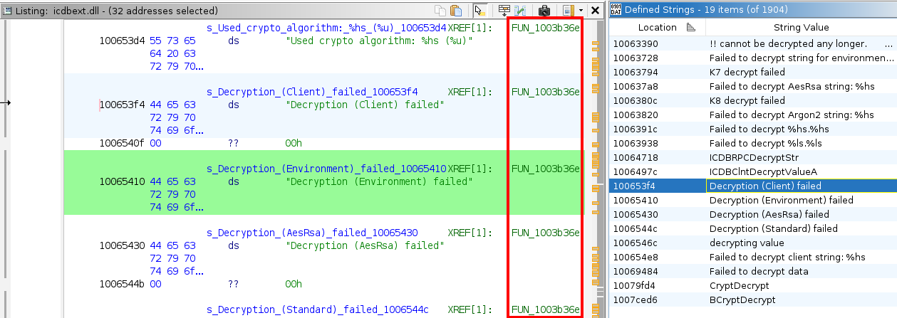Strings related to decryption logic, all referenced in the same method.